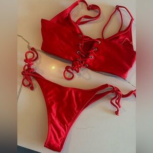 Red Lace-Up Bikini Set-RIS-k swim brand